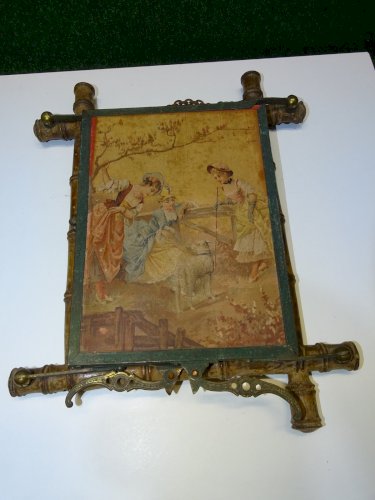 -ANCIENNE GLACE TRIPTYQUE MIROIR CENTRAL BAMBOU 2 FONDS ANIMES DECO COLLECTION D