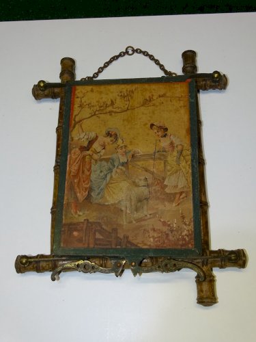 -ANCIENNE GLACE TRIPTYQUE MIROIR CENTRAL BAMBOU 2 FONDS ANIMES DECO COLLECTION D