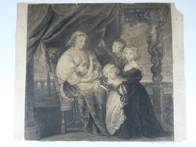 Ancienne grande gravure aquatinte XIX° MERE AVEC QUATRE ENFANTS