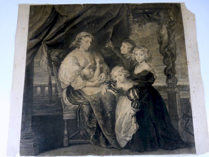 Ancienne grande gravure aquatinte XIX° MERE AVEC QUATRE ENFANTS