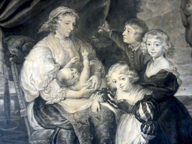 Ancienne grande gravure aquatinte XIX° MERE AVEC QUATRE ENFANTS