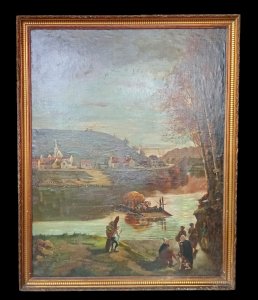 Old Large Oil Painting Canvas Landscape Village Life Scene 19th Century Art