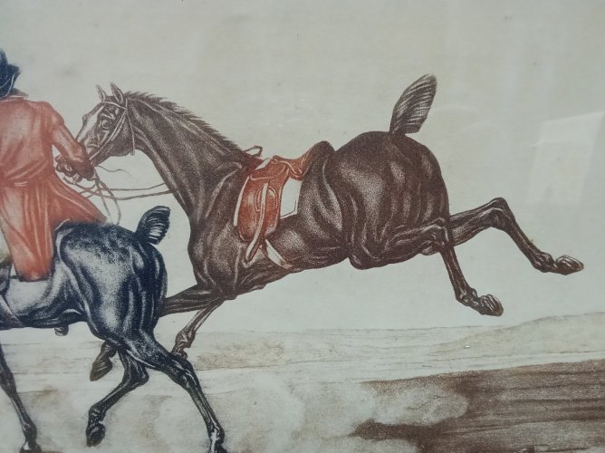 Ancienne gravure A hunter and a poney un cheval de chasse Levachez équitation