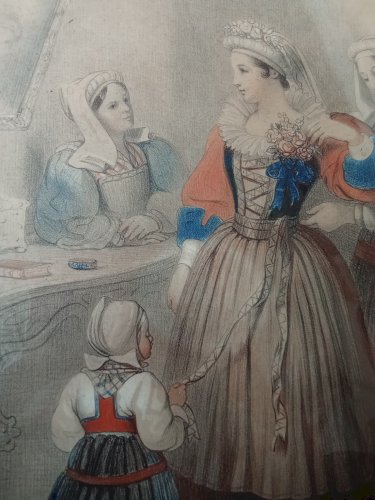 Ancienne gravure encadrée toilette de la mariée Batz sur Mer  Z Coste 19 ème
