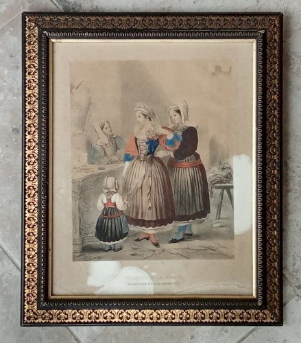 Ancienne gravure encadrée toilette de la mariée Batz sur Mer  Z Coste 19 ème