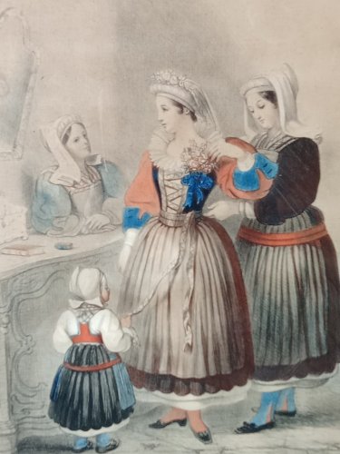 Ancienne gravure encadrée toilette de la mariée Batz sur Mer  Z Coste 19 ème