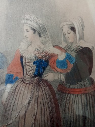 Ancienne gravure encadrée toilette de la mariée Batz sur Mer  Z Coste 19 ème