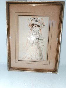 Old engraving signed Jean Droit featuring an elegant woman in good condition.