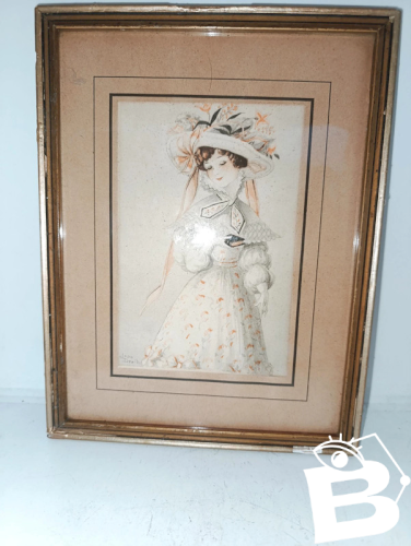 ancienne gravure signé Jean Droit à decor de femme elegante en bon etat