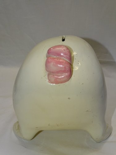 -ANCIENNE GROSSE TIRELIRE COCHON BLANC/ ROSE CERAMIQUE PEINTE VINTAGE VITRINE  D
