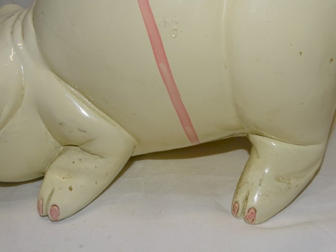-ANCIENNE GROSSE TIRELIRE COCHON BLANC/ ROSE CERAMIQUE PEINTE VINTAGE VITRINE  D