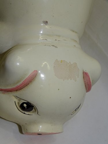 -ANCIENNE GROSSE TIRELIRE COCHON BLANC/ ROSE CERAMIQUE PEINTE VINTAGE VITRINE  D