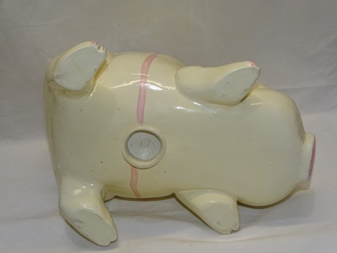 -ANCIENNE GROSSE TIRELIRE COCHON BLANC/ ROSE CERAMIQUE PEINTE VINTAGE VITRINE  D