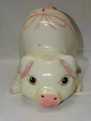 -ANCIENNE GROSSE TIRELIRE COCHON BLANC/ ROSE CERAMIQUE PEINTE VINTAGE VITRINE  D