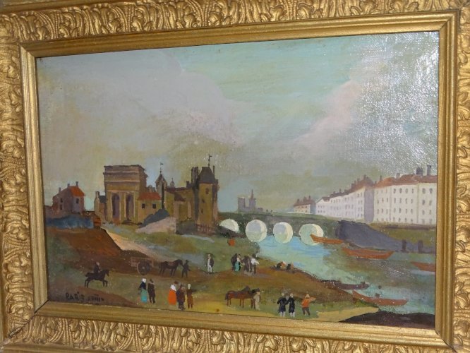-ANCIENNE HUILE SUR TOILE HST NAÏVE marquée PARIS XVIIIe NON SIGNE ENCADREE   D