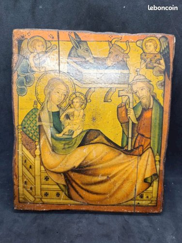 Ancienne icone sur bois nommée  la nativité procede rockwill edition de lodeon en bon etat(made in chiner )