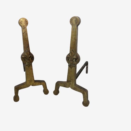 ANCIENNE IMPOSANTE PAIRE DE CHENETS  FLEUR DE LYS  EN BRONZE DORE 