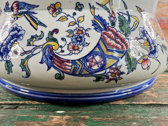 Ancienne Jardinière Faïence de Gien – Décor Fleurs et Oiseaux XIXe siècle  21cm