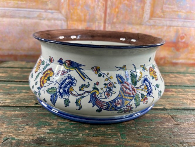 Ancienne Jardinière Faïence de Gien – Décor Fleurs et Oiseaux XIXe siècle  21cm