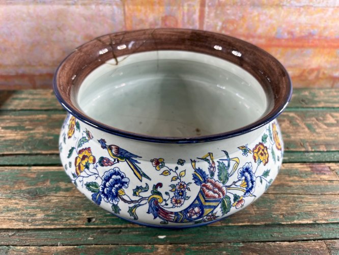 Ancienne Jardinière Faïence de Gien – Décor Fleurs et Oiseaux XIXe siècle  21cm