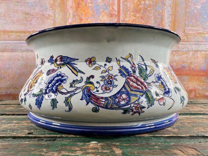 Ancienne Jardinière Faïence de Gien – Décor Fleurs et Oiseaux XIXe siècle  21cm