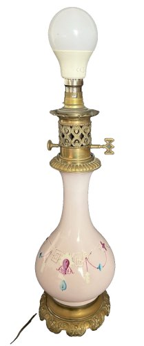 Ancienne lampe à pétrole  Electrifiee éclairage porcelaine bronze Luminaire