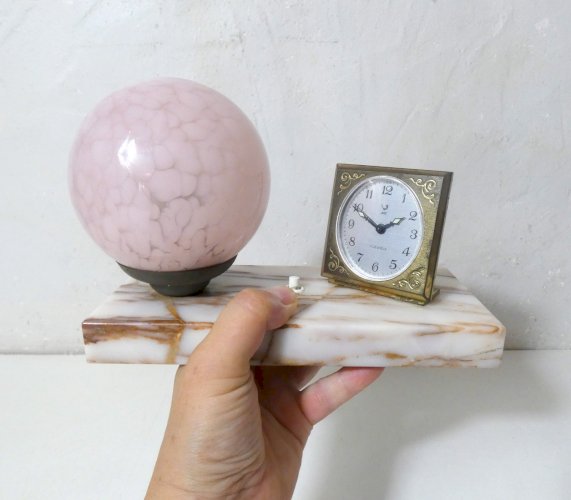 ancienne lampe art déco verre de Clichy réveil JAZ sur marbre vintage