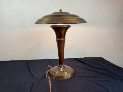 ANCIENNE LAMPE CHAMPIGNON ART DÉCO CUIVRE ET BOIS DESIGN MODERNISTE