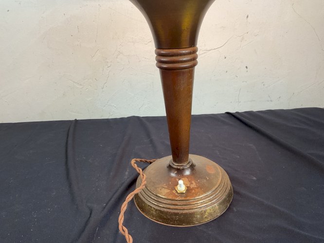 ANCIENNE LAMPE CHAMPIGNON ART DÉCO CUIVRE ET BOIS DESIGN MODERNISTE
