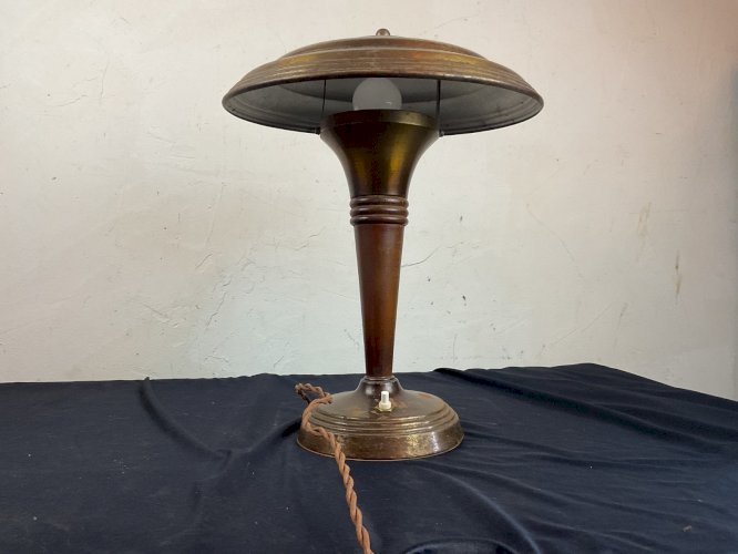 ANCIENNE LAMPE CHAMPIGNON ART DÉCO CUIVRE ET BOIS DESIGN MODERNISTE