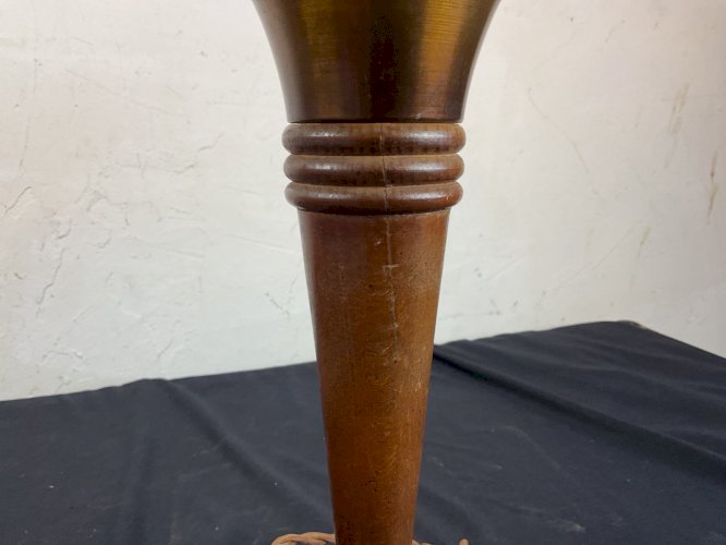 ANCIENNE LAMPE CHAMPIGNON ART DÉCO CUIVRE ET BOIS DESIGN MODERNISTE