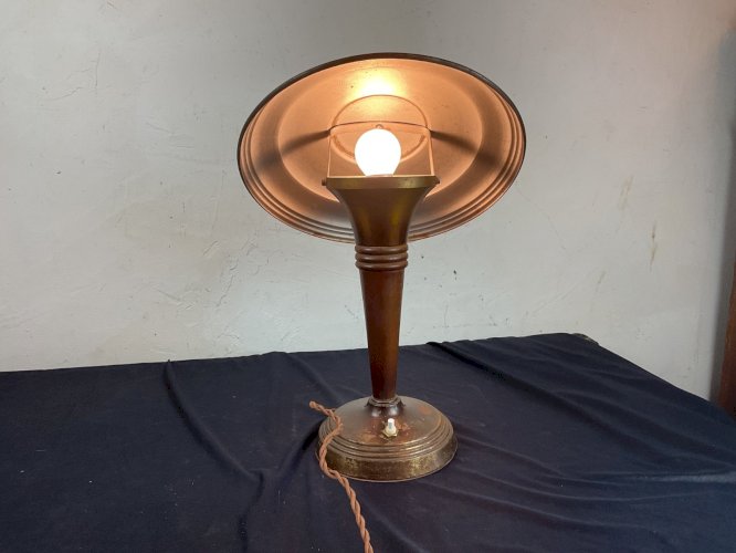 ANCIENNE LAMPE CHAMPIGNON ART DÉCO CUIVRE ET BOIS DESIGN MODERNISTE