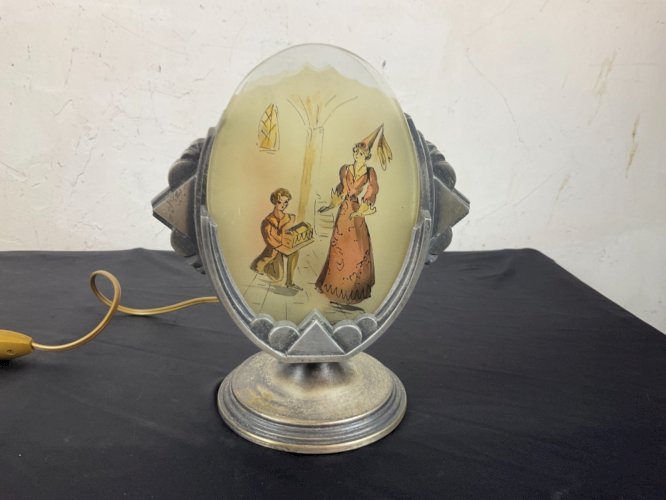Ancienne Lampe veilleuse ART DECO verre peint et signé