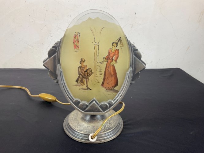 Ancienne Lampe veilleuse ART DECO verre peint et signé