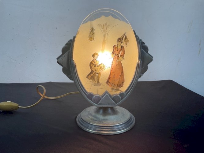 Ancienne Lampe veilleuse ART DECO verre peint et signé