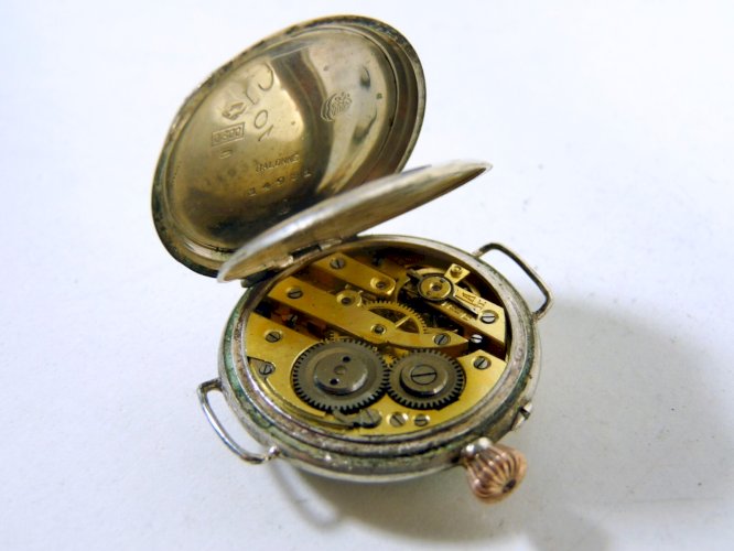 Ancienne montre à bracelet argent massif & or gravé & guilloché 10 rubis poinçon