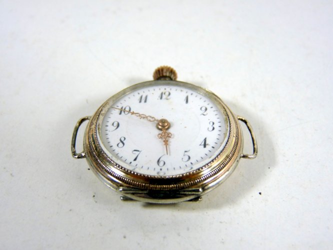 Ancienne montre à bracelet argent massif & or gravé & guilloché 10 rubis poinçon