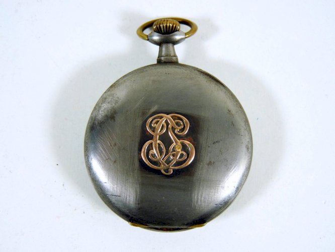 Ancienne montre à gousset suisse, acier monogramme or, poinçon tête d'aigle