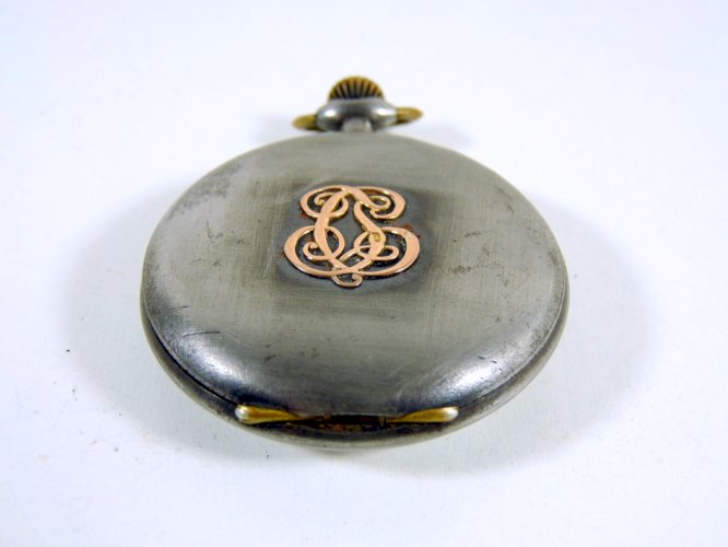 Ancienne montre à gousset suisse, acier monogramme or, poinçon tête d'aigle