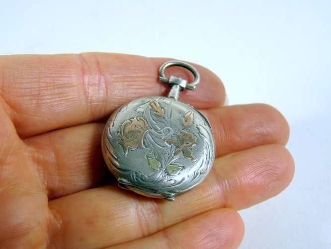 Ancienne montre gousset ag massif & or gravé Art Nouveau iris monogramme poinçon