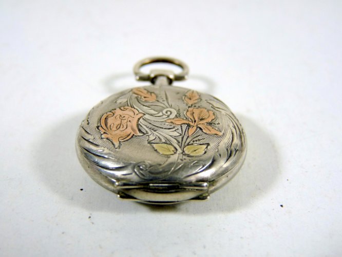 Ancienne montre gousset ag massif & or gravé Art Nouveau iris monogramme poinçon
