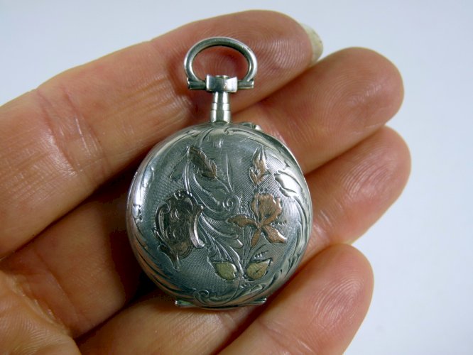 Ancienne montre gousset ag massif & or gravé Art Nouveau iris monogramme poinçon