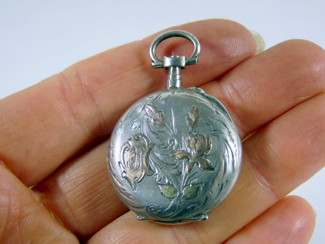Ancienne montre gousset ag massif & or gravé Art Nouveau iris monogramme poinçon