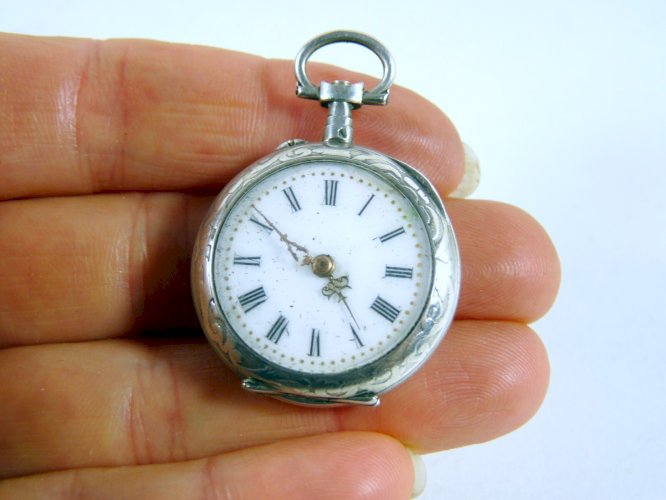 Ancienne montre gousset ag massif & or gravé Art Nouveau iris monogramme poinçon
