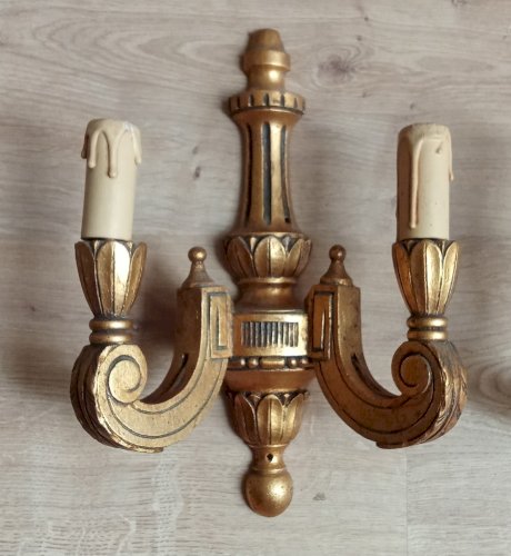 Ancienne Paire Applique Bois Doré Style Empire Old golden wood wall light