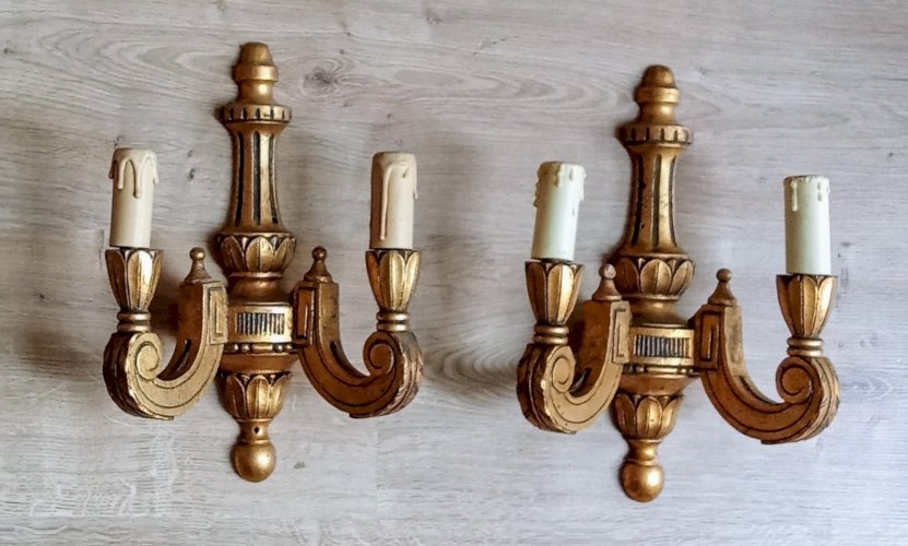 Ancienne Paire Applique Bois Doré Style Empire Old golden wood wall light