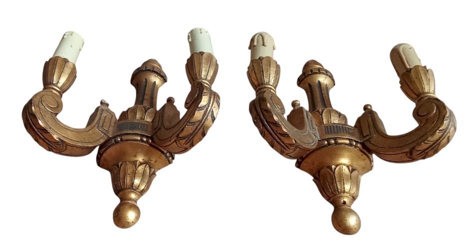 Ancienne Paire Applique Bois Doré Style Empire Old golden wood wall light