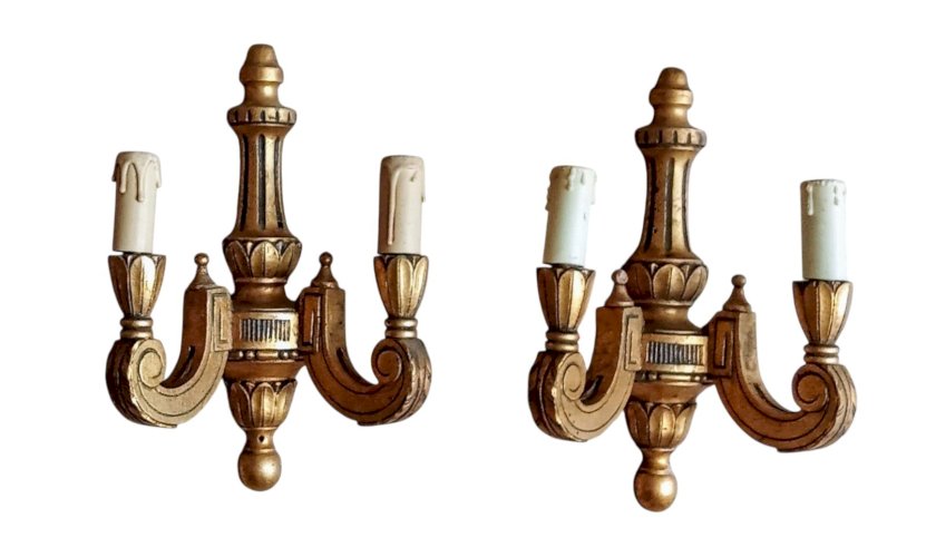 Ancienne Paire Applique Bois Doré Style Empire Old golden wood wall light