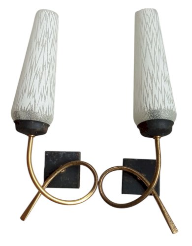Ancienne Paire Applique Vintage Métal Noir Doré Et Verre Old Wall Lamp