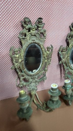ANCIENNE PAIRE D'APPLIQUES MIROIR ELECTRIFIEES EN BRONZE